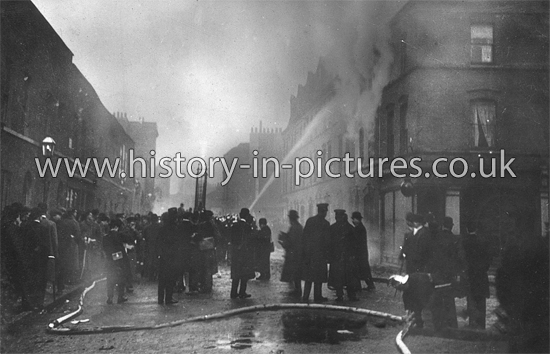 The Burning House at "The Battle of Stepney", 100 Sidney St, Stepney, London. 2nd January 1911.